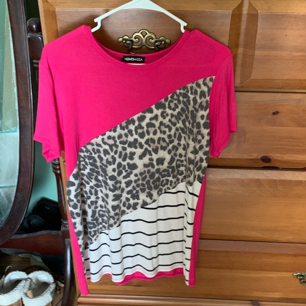 HEIMISH USA Pink Colorblock Short Sleeve Top with Leopard & Stripes